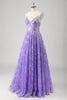 Load image into Gallery viewer, Purple A Line Spaghetti Straps Long Printed Prom Dress With Sequins