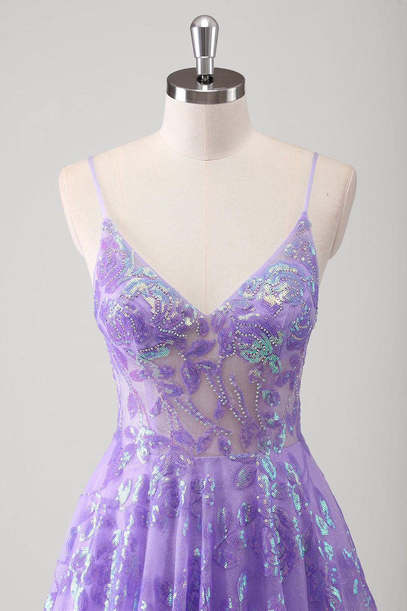 Load image into Gallery viewer, Purple A Line Spaghetti Straps Long Printed Prom Dress With Sequins