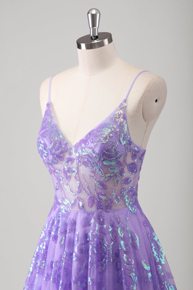 Load image into Gallery viewer, Purple A Line Spaghetti Straps Long Printed Prom Dress With Sequins