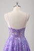 Load image into Gallery viewer, Purple A Line Spaghetti Straps Long Printed Prom Dress With Sequins