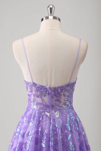 Purple A Line Spaghetti Straps Long Printed Prom Dress With Sequins