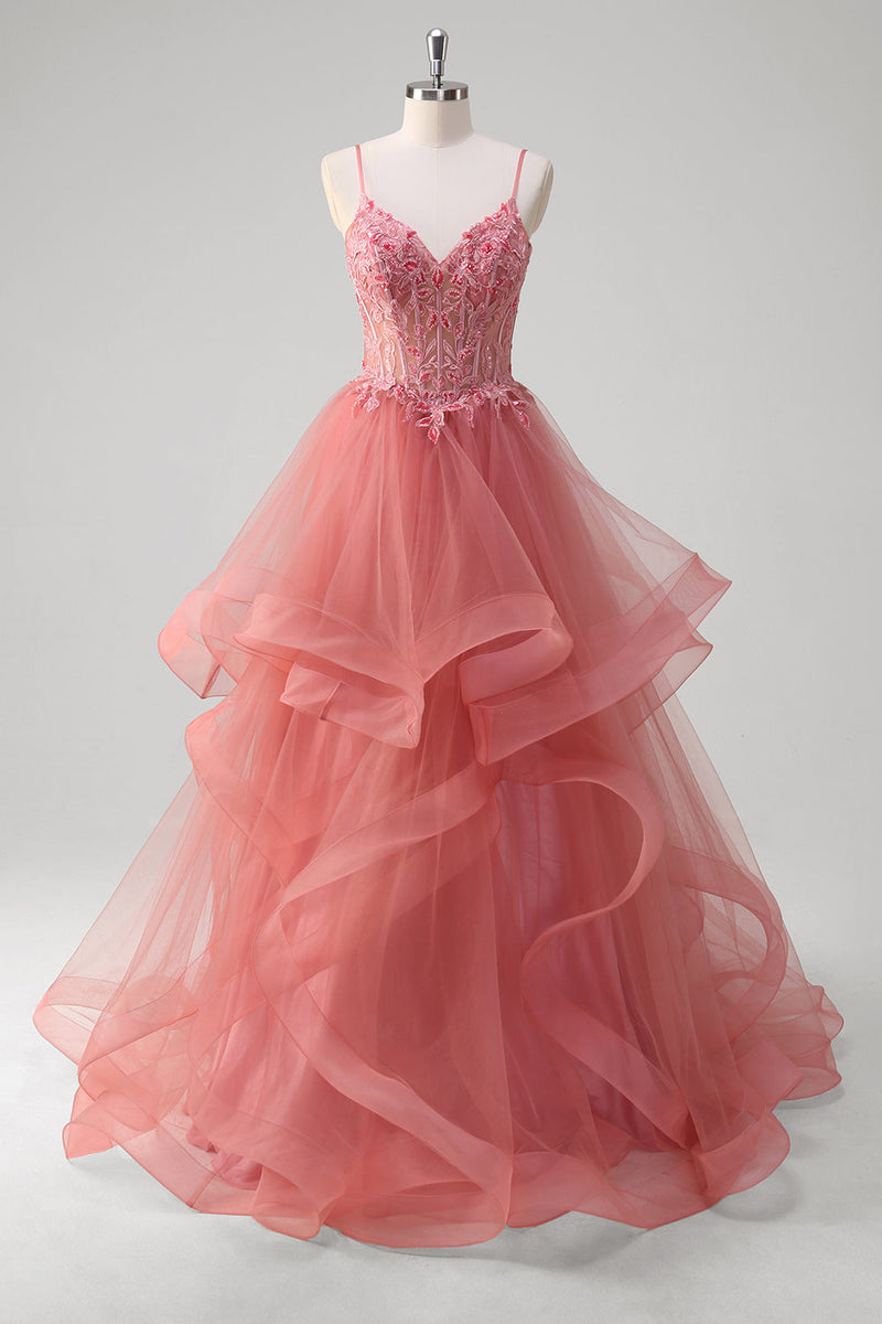 Load image into Gallery viewer, Coral A Line Spaghetti Straps Corset Tiered Long Prom Dress with Appliques