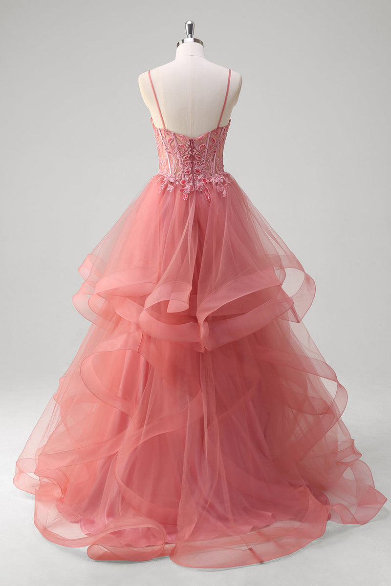 Load image into Gallery viewer, Coral A Line Spaghetti Straps Corset Tiered Long Prom Dress with Appliques