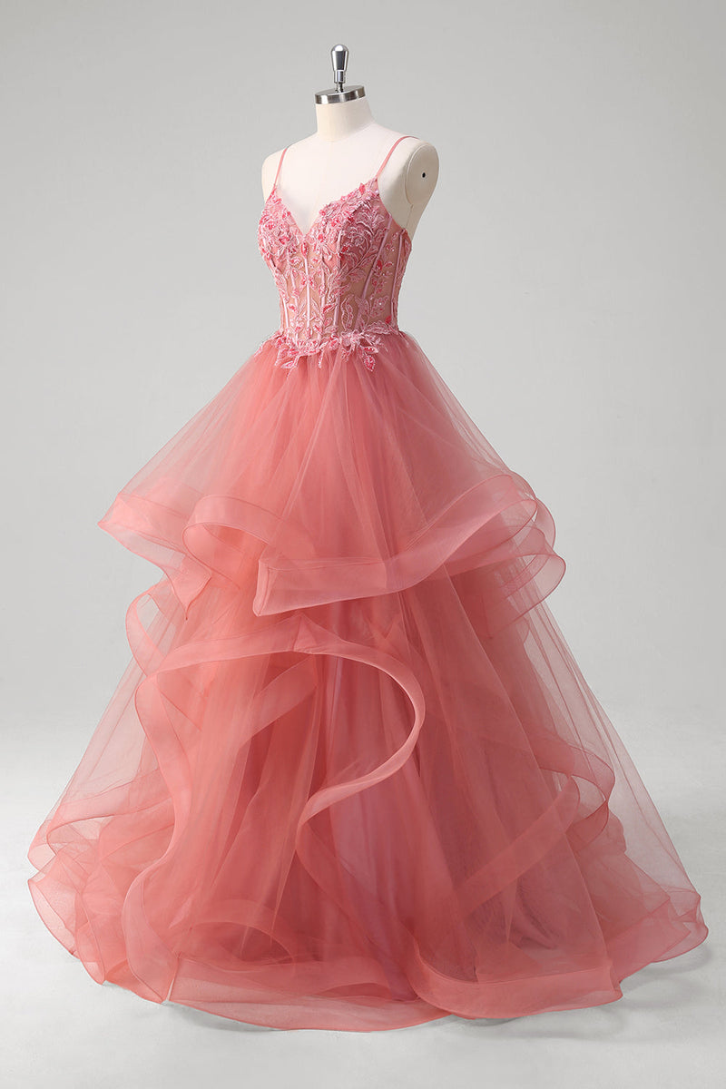 Load image into Gallery viewer, Coral A Line Spaghetti Straps Corset Tiered Long Prom Dress with Appliques