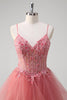 Load image into Gallery viewer, Coral A Line Spaghetti Straps Corset Tiered Long Prom Dress with Appliques