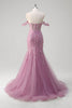 Load image into Gallery viewer, Grey Purple Mermaid Off The Shoulder Appliqued Corset Long Prom Dress With Tulle