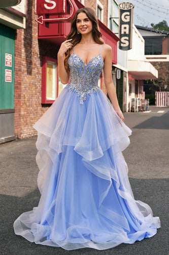 Light Blue A Line Spaghetti Straps Spiral Ruffles Long Prom Dress with Sequins