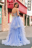 Load image into Gallery viewer, Light Blue A Line Spaghetti Straps Spiral Ruffles Long Prom Dress with Sequins