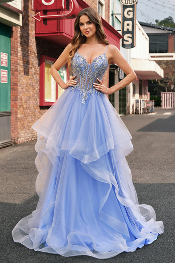 Light Blue A Line Spaghetti Straps Spiral Ruffles Long Prom Dress with Sequins