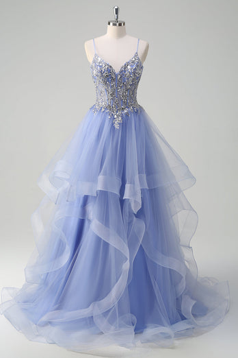 Sequins Light Blue A Line Spaghetti Straps Long Prom Dress with Spiral Ruffles