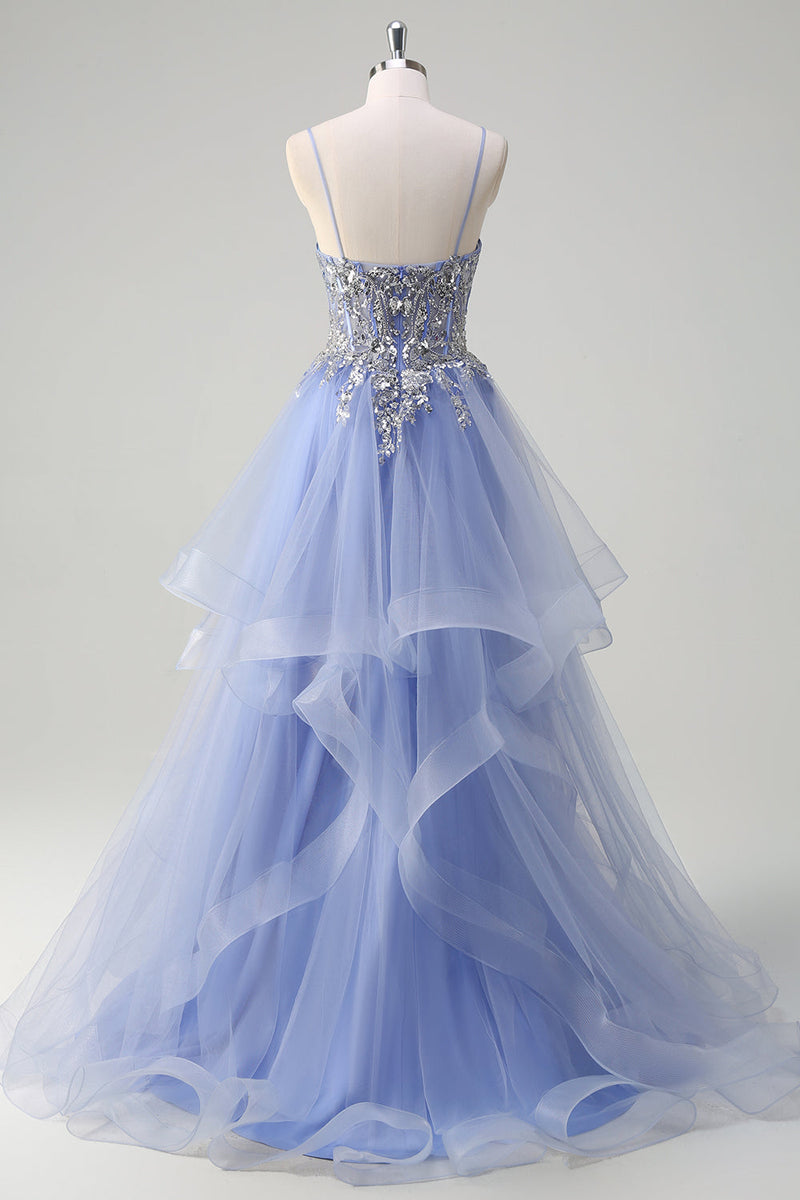 Load image into Gallery viewer, Light Blue A Line Spaghetti Straps Spiral Ruffles Long Prom Dress with Sequins