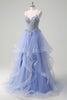 Load image into Gallery viewer, Sequins Light Blue A Line Spaghetti Straps Long Prom Dress with Spiral Ruffles