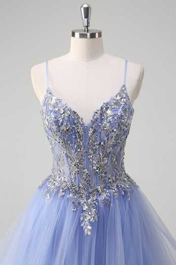 Sequins Light Blue A Line Spaghetti Straps Long Prom Dress with Spiral Ruffles