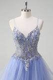 Sequins Light Blue A Line Spaghetti Straps Long Prom Dress with Spiral Ruffles