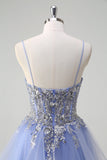 Sequins Light Blue A Line Spaghetti Straps Long Prom Dress with Spiral Ruffles