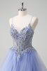 Load image into Gallery viewer, Sequins Light Blue A Line Spaghetti Straps Long Prom Dress with Spiral Ruffles