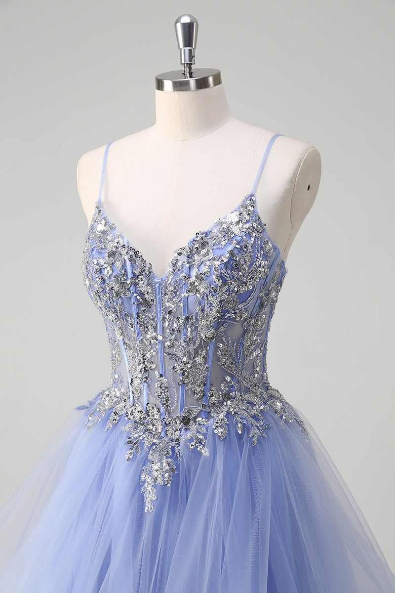 Load image into Gallery viewer, Sequins Light Blue A Line Spaghetti Straps Long Prom Dress with Spiral Ruffles