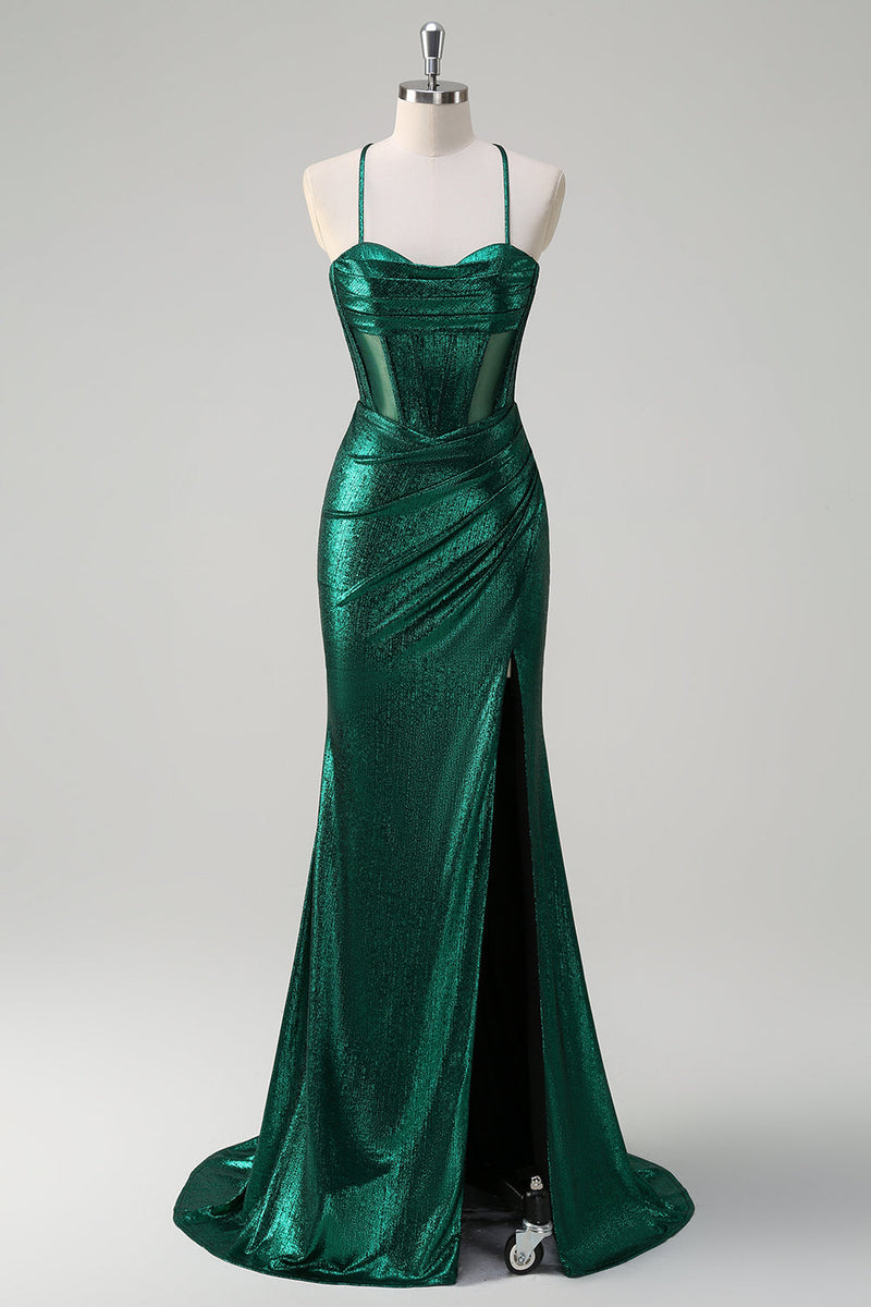 Load image into Gallery viewer, Glitter Dark Green Mermaid Corset Ruched Metallic Prom Dress with Slit