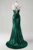 Load image into Gallery viewer, Glitter Dark Green Mermaid Corset Ruched Metallic Prom Dress with Slit