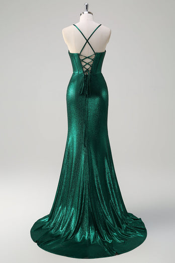 Glitter Dark Green Mermaid Corset Ruched Metallic Prom Dress with Slit