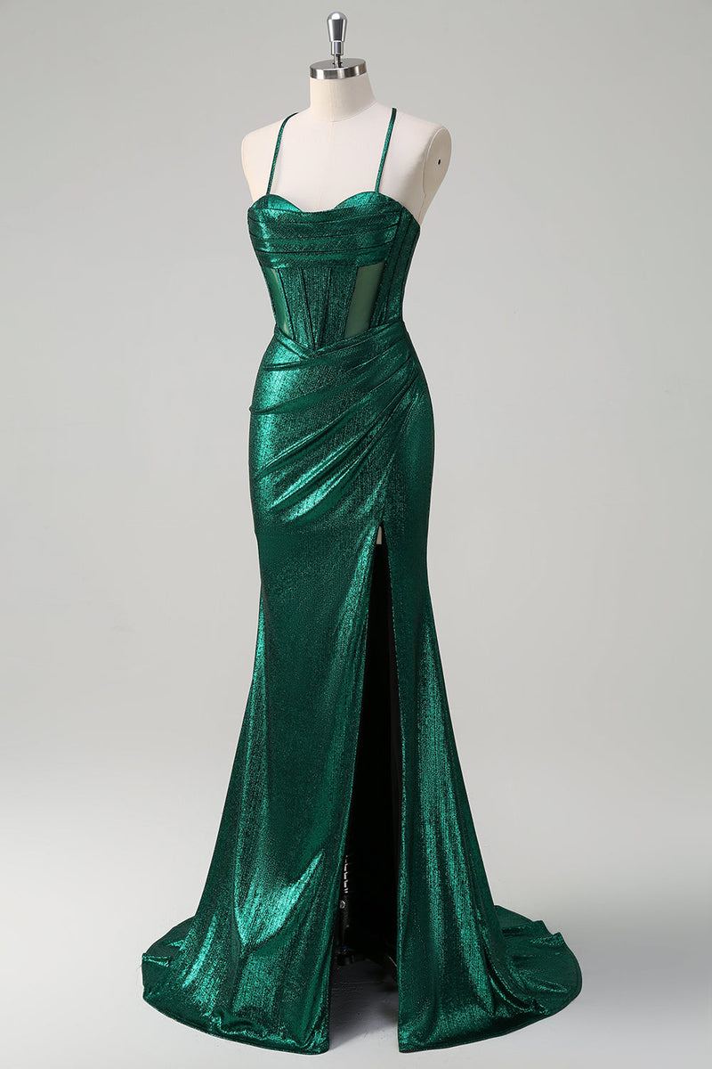 Load image into Gallery viewer, Glitter Dark Green Mermaid Corset Ruched Metallic Prom Dress with Slit