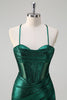 Load image into Gallery viewer, Glitter Dark Green Mermaid Corset Ruched Metallic Prom Dress with Slit