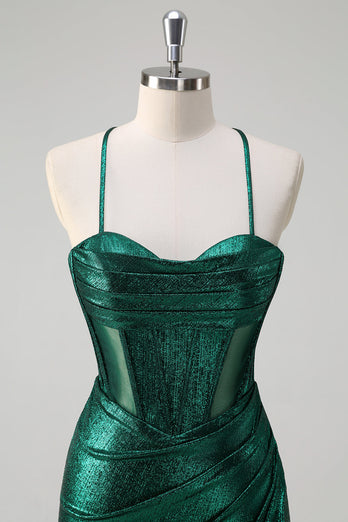 Glitter Dark Green Mermaid Corset Ruched Metallic Prom Dress with Slit