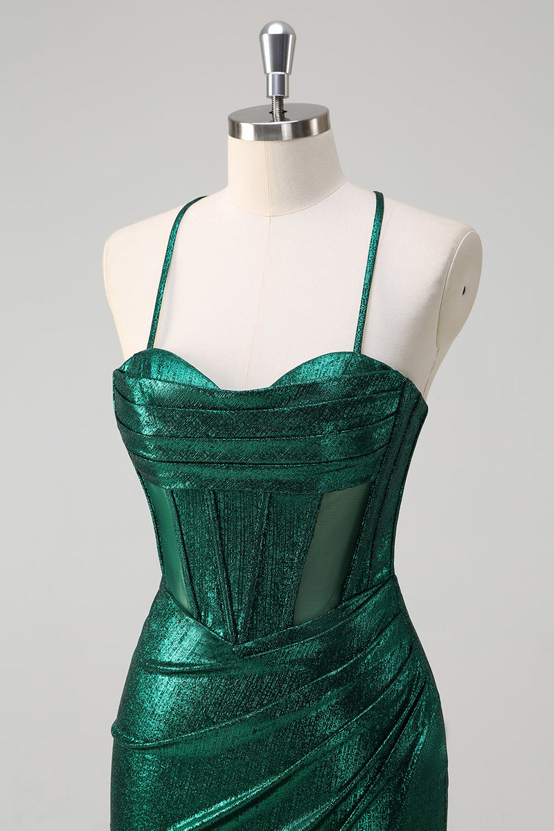 Load image into Gallery viewer, Glitter Dark Green Mermaid Corset Ruched Metallic Prom Dress with Slit