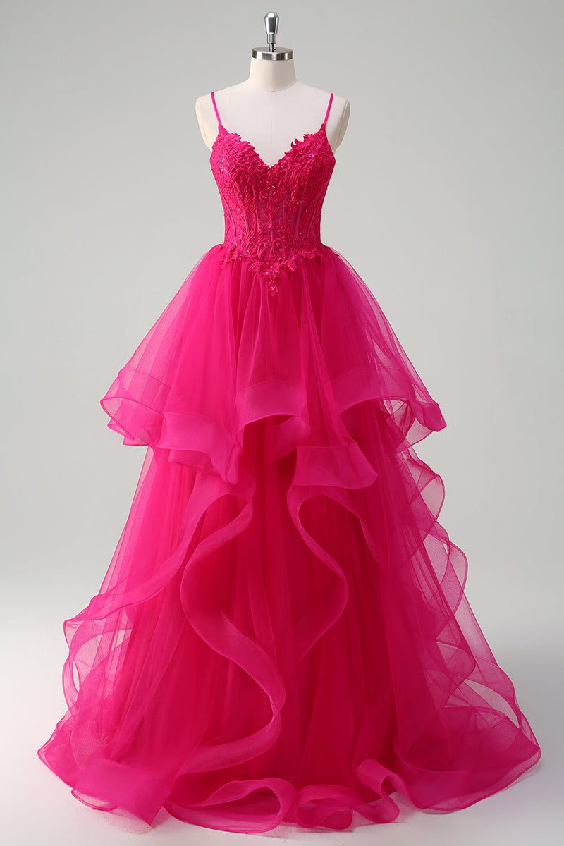 Load image into Gallery viewer, Hot Pink Appliques Corset Spaghetti Straps A Line Spiral Ruffles Prom Dress