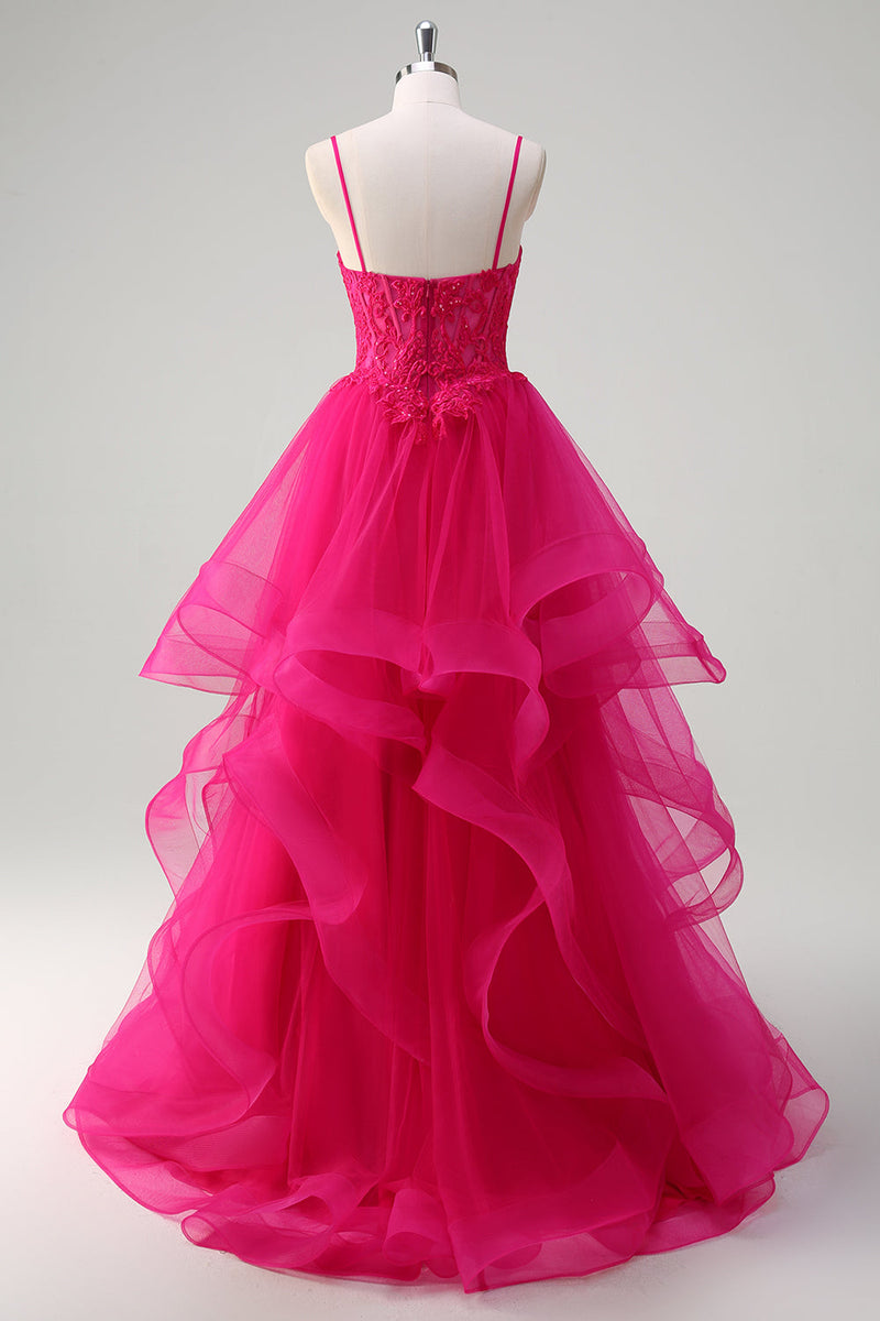 Load image into Gallery viewer, Hot Pink Appliques Corset Spaghetti Straps A Line Spiral Ruffles Prom Dress