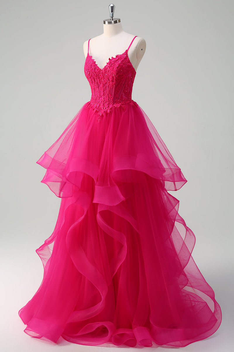 Load image into Gallery viewer, Hot Pink Appliques Corset Spaghetti Straps A Line Spiral Ruffles Prom Dress