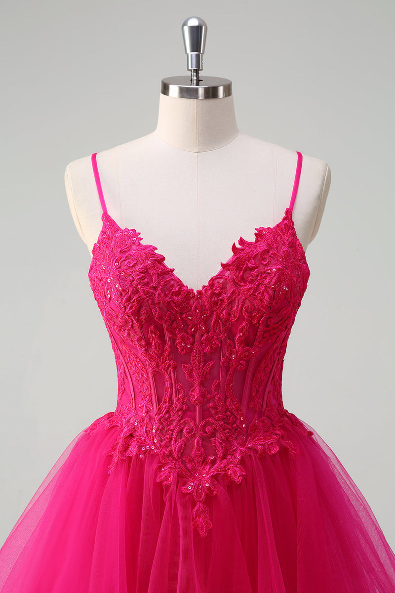 Load image into Gallery viewer, Hot Pink Appliques Corset Spaghetti Straps A Line Spiral Ruffles Prom Dress