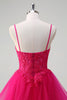 Load image into Gallery viewer, Hot Pink Appliques Corset Spaghetti Straps A Line Spiral Ruffles Prom Dress