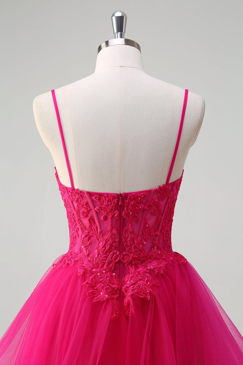 Load image into Gallery viewer, Hot Pink Appliques Corset Spaghetti Straps A Line Spiral Ruffles Prom Dress