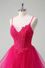 Load image into Gallery viewer, Hot Pink Appliques Corset Spaghetti Straps A Line Spiral Ruffles Prom Dress