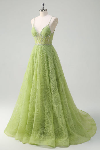 Sequins Green Princess Spaghetti Straps Ruched Long Prom Dress