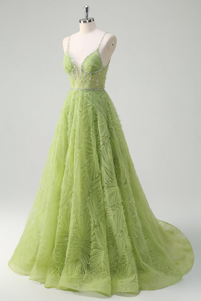 Load image into Gallery viewer, Sequins Green Princess Spaghetti Straps Ruched Long Prom Dress