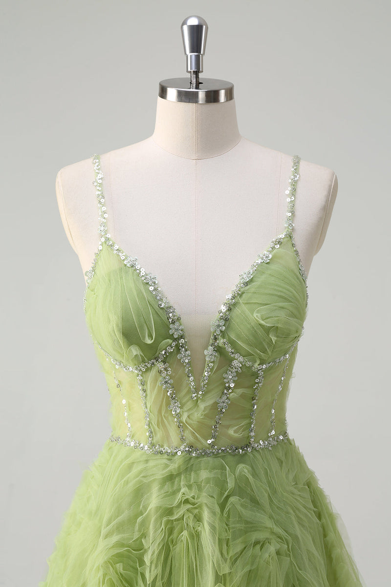 Load image into Gallery viewer, Sequins Green Princess Spaghetti Straps Ruched Long Prom Dress