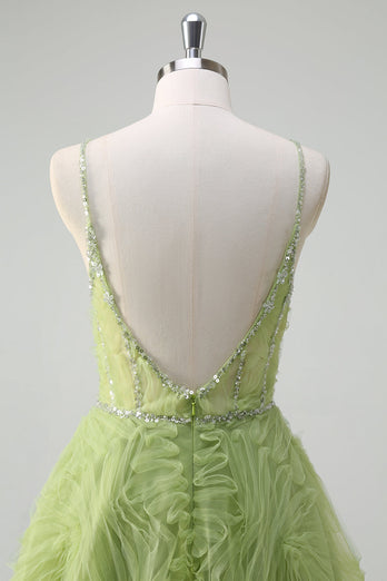 Sequins Green Princess Spaghetti Straps Ruched Long Prom Dress