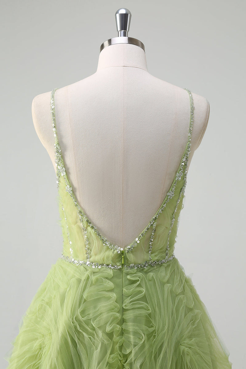 Load image into Gallery viewer, Sequins Green Princess Spaghetti Straps Ruched Long Prom Dress