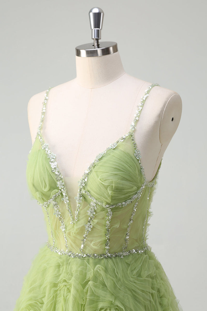 Load image into Gallery viewer, Sequins Green Princess Spaghetti Straps Ruched Long Prom Dress