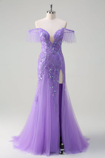 Sparkly Purple Tulle Mermaid Off the Shoulder Sequin Prom Dress with Slit