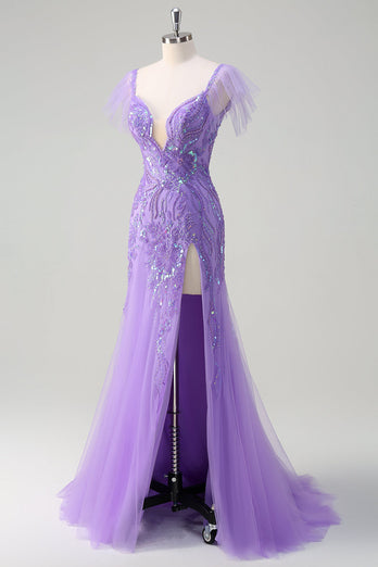 Sparkly Purple Tulle Mermaid Off the Shoulder Sequin Prom Dress with Slit