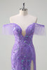 Load image into Gallery viewer, Sparkly Purple Tulle Mermaid Off the Shoulder Sequin Prom Dress with Slit