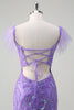 Load image into Gallery viewer, Sparkly Purple Tulle Mermaid Off the Shoulder Sequin Prom Dress with Slit