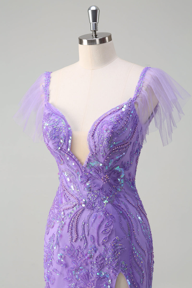 Load image into Gallery viewer, Sparkly Purple Tulle Mermaid Off the Shoulder Sequin Prom Dress with Slit