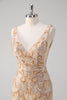 Load image into Gallery viewer, Champagne Mermaid V-Neck Sequined Long Prom Dress