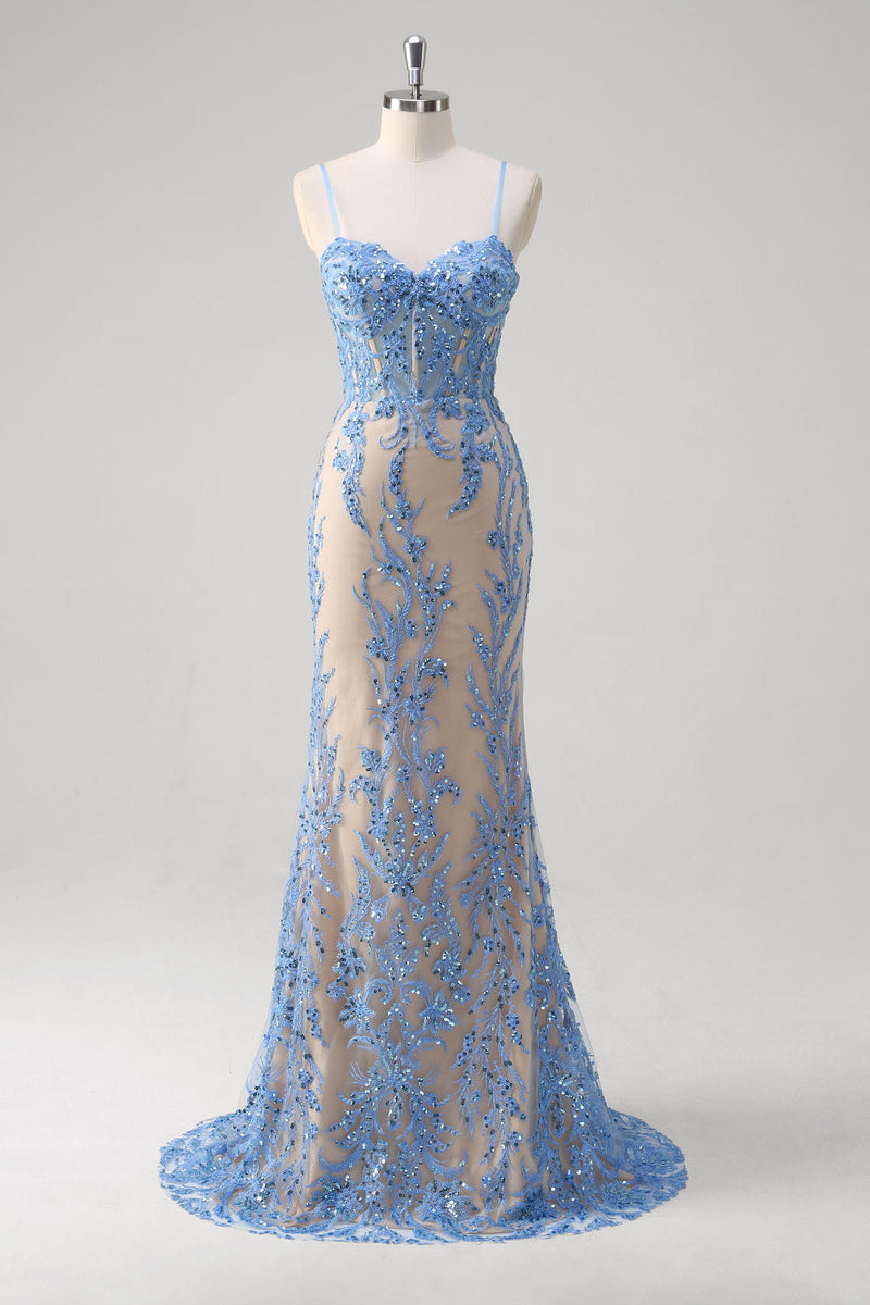 Load image into Gallery viewer, Blue Mermaid Corset Spaghetti Straps Long Prom Dress With Sequins