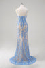 Load image into Gallery viewer, Blue Mermaid Corset Spaghetti Straps Long Prom Dress With Sequins