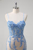 Load image into Gallery viewer, Blue Mermaid Corset Spaghetti Straps Long Prom Dress With Sequins